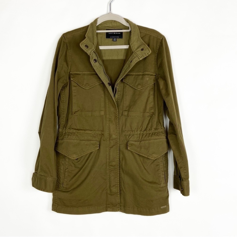 Lucky Brand Utility Jacket Color Army Green Cinch Waist Long Sleeve Coat - Picture 2 of 16